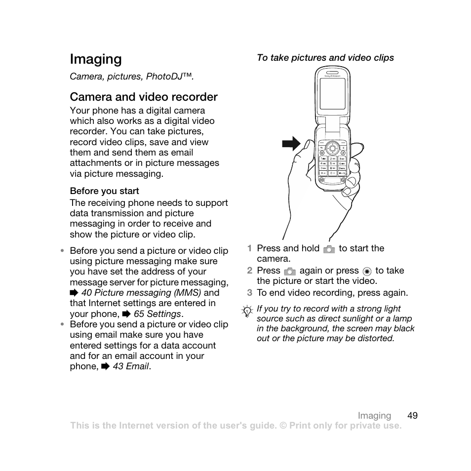 Imaging, Camera and video recorder, Before you start | Camera, pictures, photodj | Sony Ericsson Z710i User Manual | Page 49 / 101