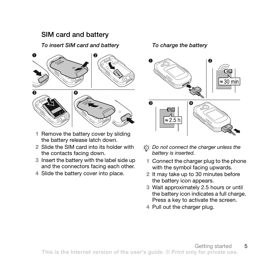 Sim card and battery | Sony Ericsson Z710i User Manual | Page 5 / 101