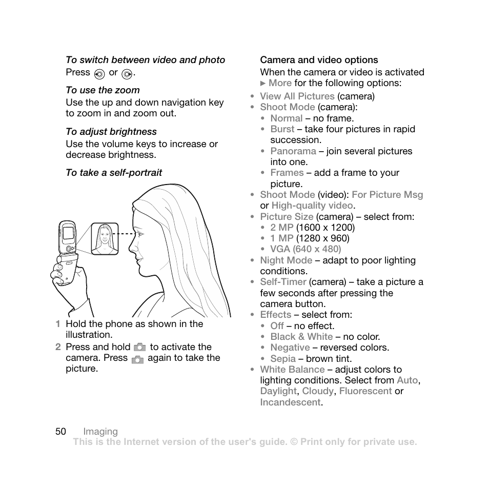Camera and video options | Sony Ericsson Z710i User Manual | Page 50 / 101