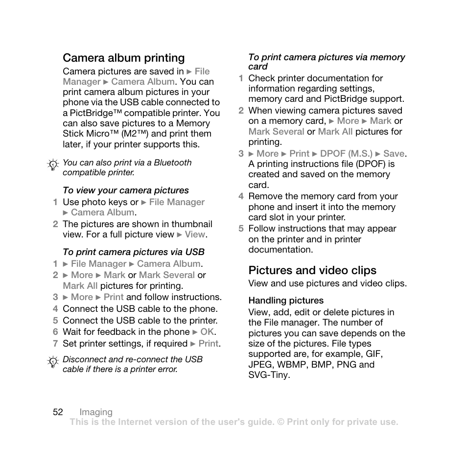Camera album printing, Pictures and video clips, Handling pictures | Sony Ericsson Z710i User Manual | Page 52 / 101