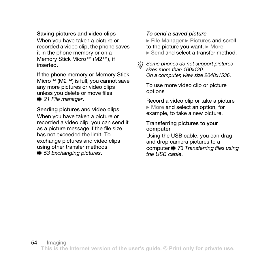 Saving pictures and video clips, Sending pictures and video clips, Transferring pictures to your computer | Sony Ericsson Z710i User Manual | Page 54 / 101