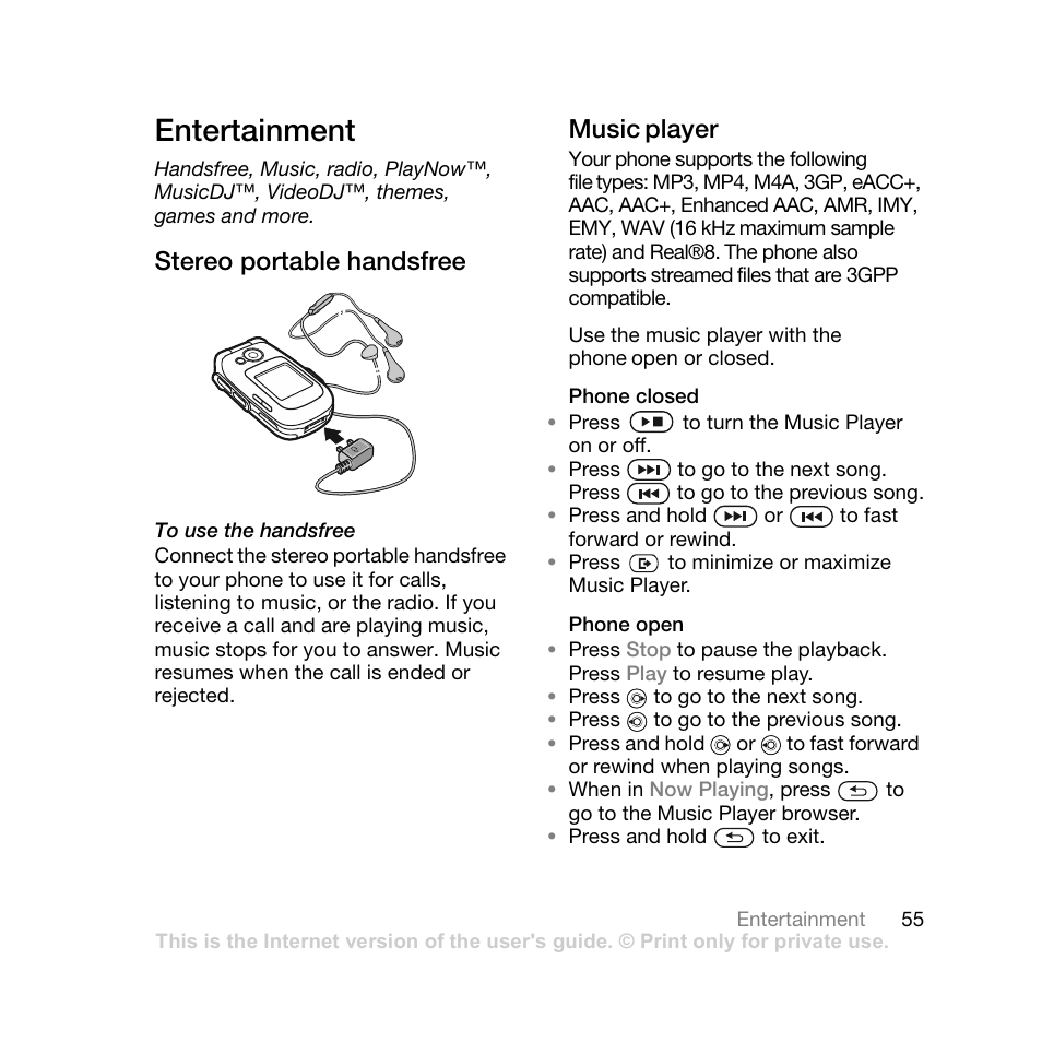 Entertainment, Stereo portable handsfree, Music player | Phone closed, Phone open, Music, Player | Sony Ericsson Z710i User Manual | Page 55 / 101