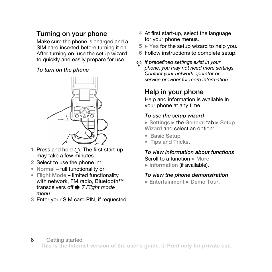 Help in your phone, Turning on your phone | Sony Ericsson Z710i User Manual | Page 6 / 101