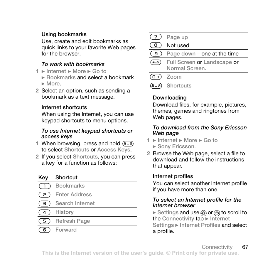 Using bookmarks, Internet shortcuts, Downloading | Internet profiles | Sony Ericsson Z710i User Manual | Page 67 / 101