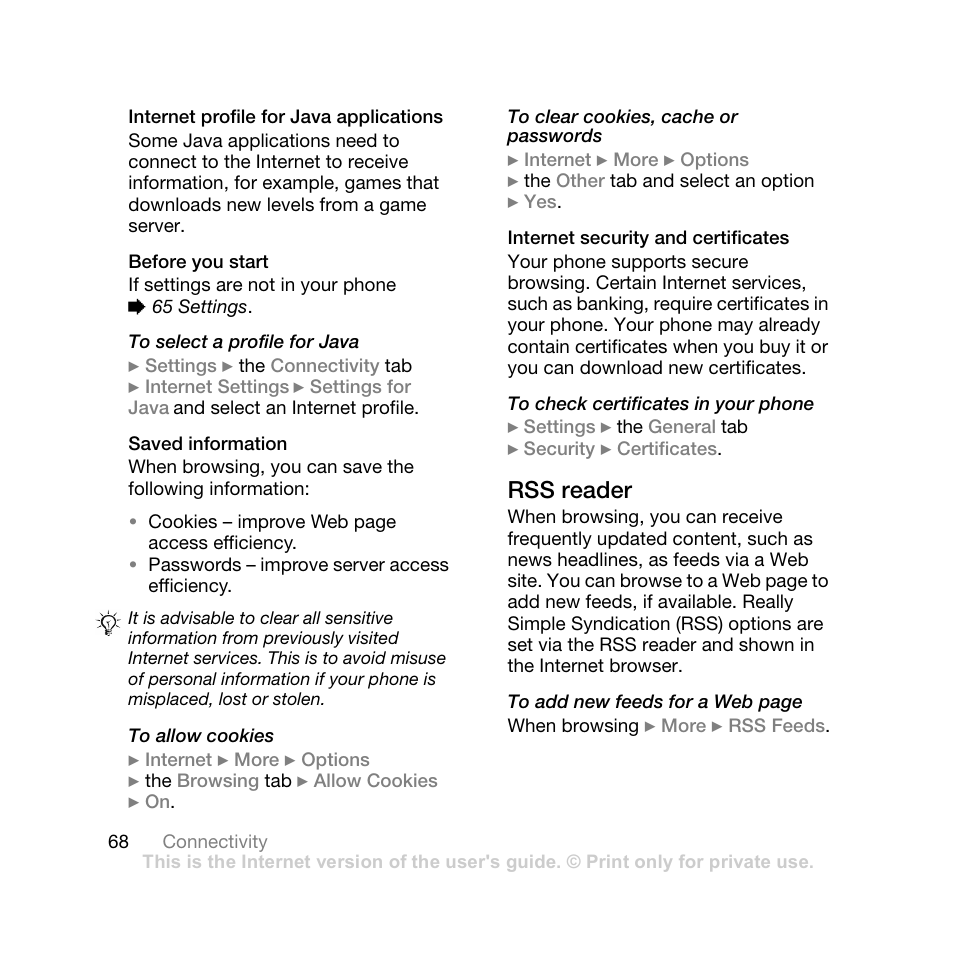 Internet profile for java applications, Before you start, Saved information | Internet security and certificates, Rss reader | Sony Ericsson Z710i User Manual | Page 68 / 101