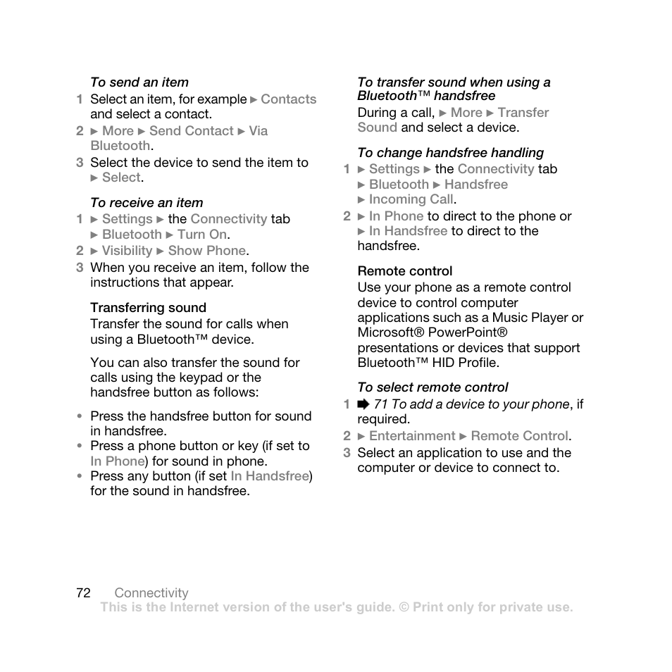 Transferring sound, Remote control | Sony Ericsson Z710i User Manual | Page 72 / 101