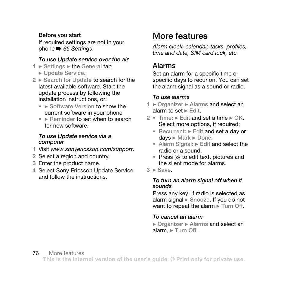 Before you start, More features, Alarms | 76 alarms | Sony Ericsson Z710i User Manual | Page 76 / 101