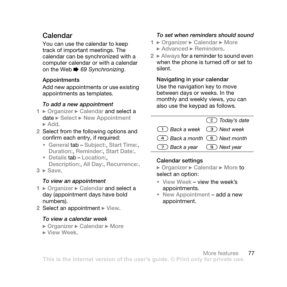 Calendar, Appointments, Navigating in your calendar | Calendar settings | Sony Ericsson Z710i User Manual | Page 77 / 101