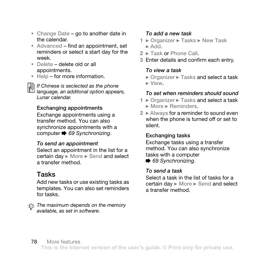 Exchanging appointments, Tasks, Exchanging tasks | Sony Ericsson Z710i User Manual | Page 78 / 101