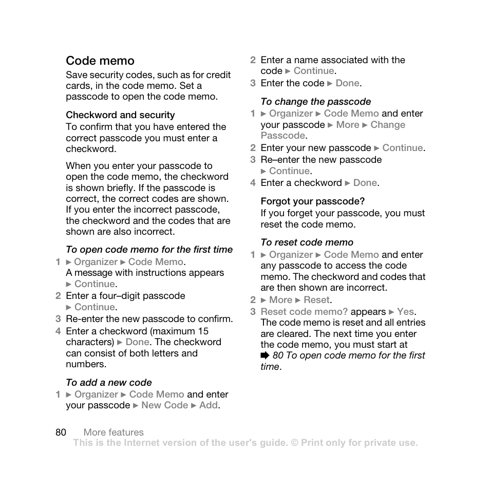 Code memo, Checkword and security, Forgot your passcode | Sony Ericsson Z710i User Manual | Page 80 / 101