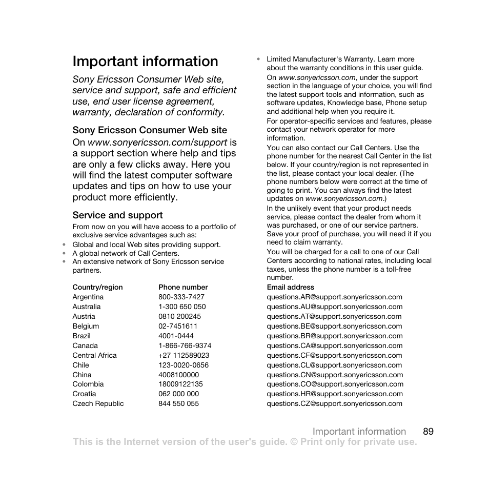 Important information, Sony ericsson consumer web site, Service and support | Sony Ericsson Z710i User Manual | Page 89 / 101