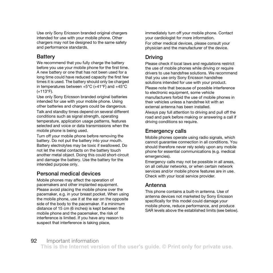 Battery, Personal medical devices, Driving | Emergency calls, Antenna, Ericsson, 92 battery | Sony Ericsson Z710i User Manual | Page 92 / 101