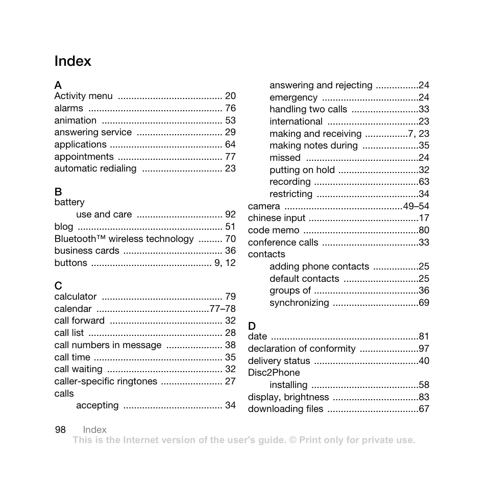 Index | Sony Ericsson Z710i User Manual | Page 98 / 101