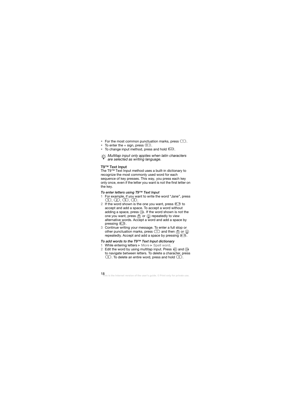 T9™ text input | Sony Ericsson W200C User Manual | Page 19 / 89