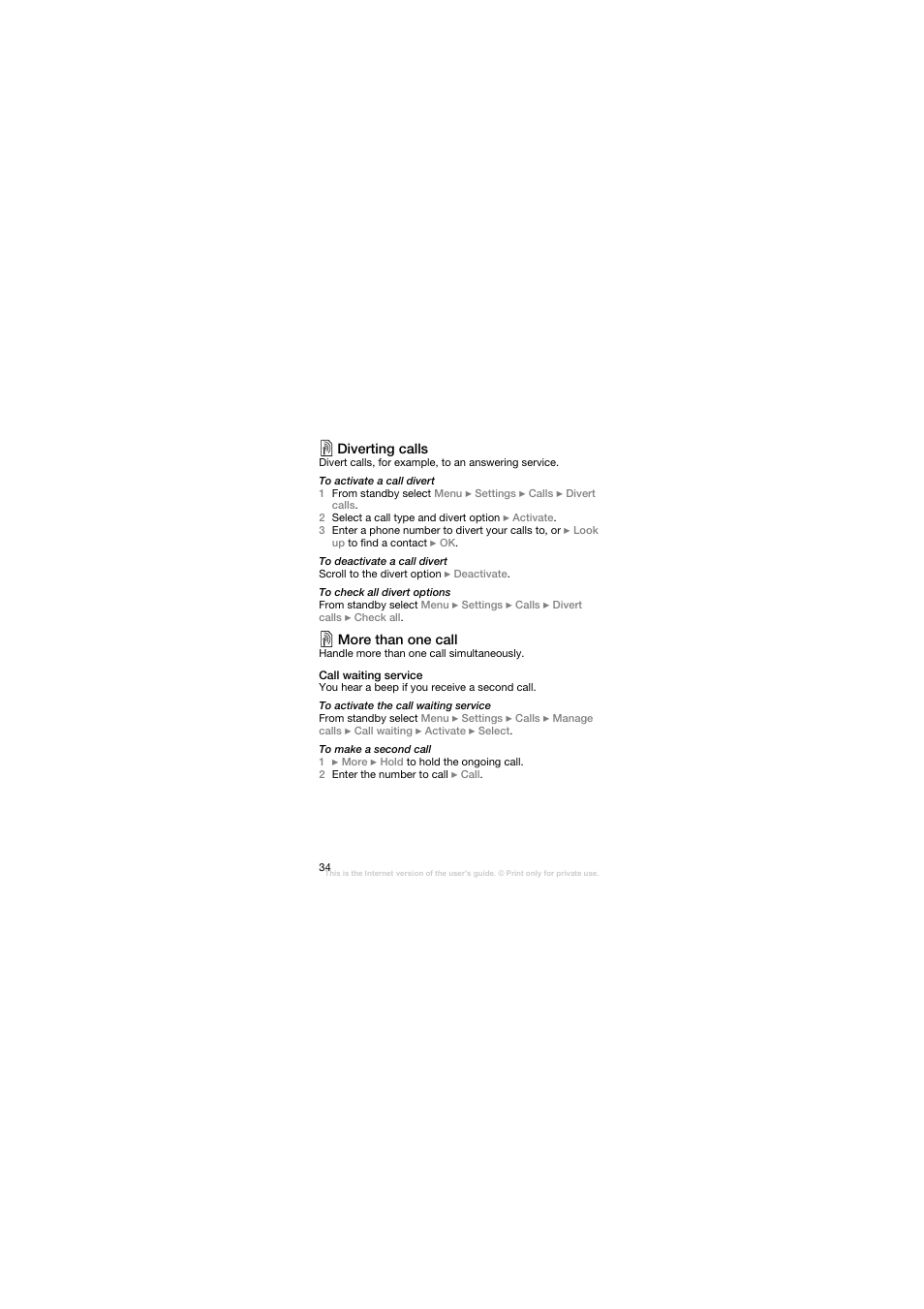 Diverting calls, More than one call, Call waiting service | Sony Ericsson W200C User Manual | Page 35 / 89