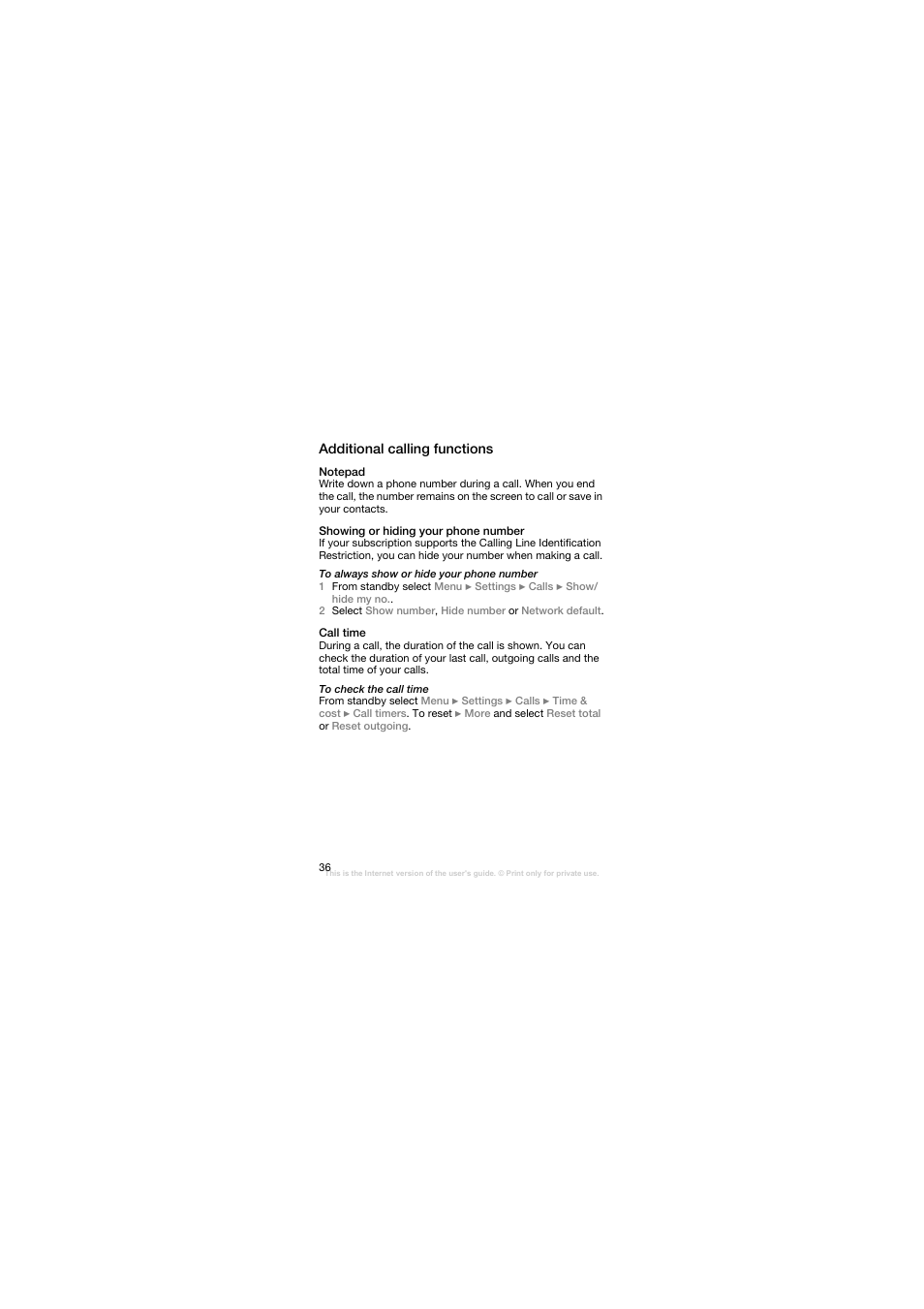 Additional calling functions, Notepad, Showing or hiding your phone number | Call time | Sony Ericsson W200C User Manual | Page 37 / 89