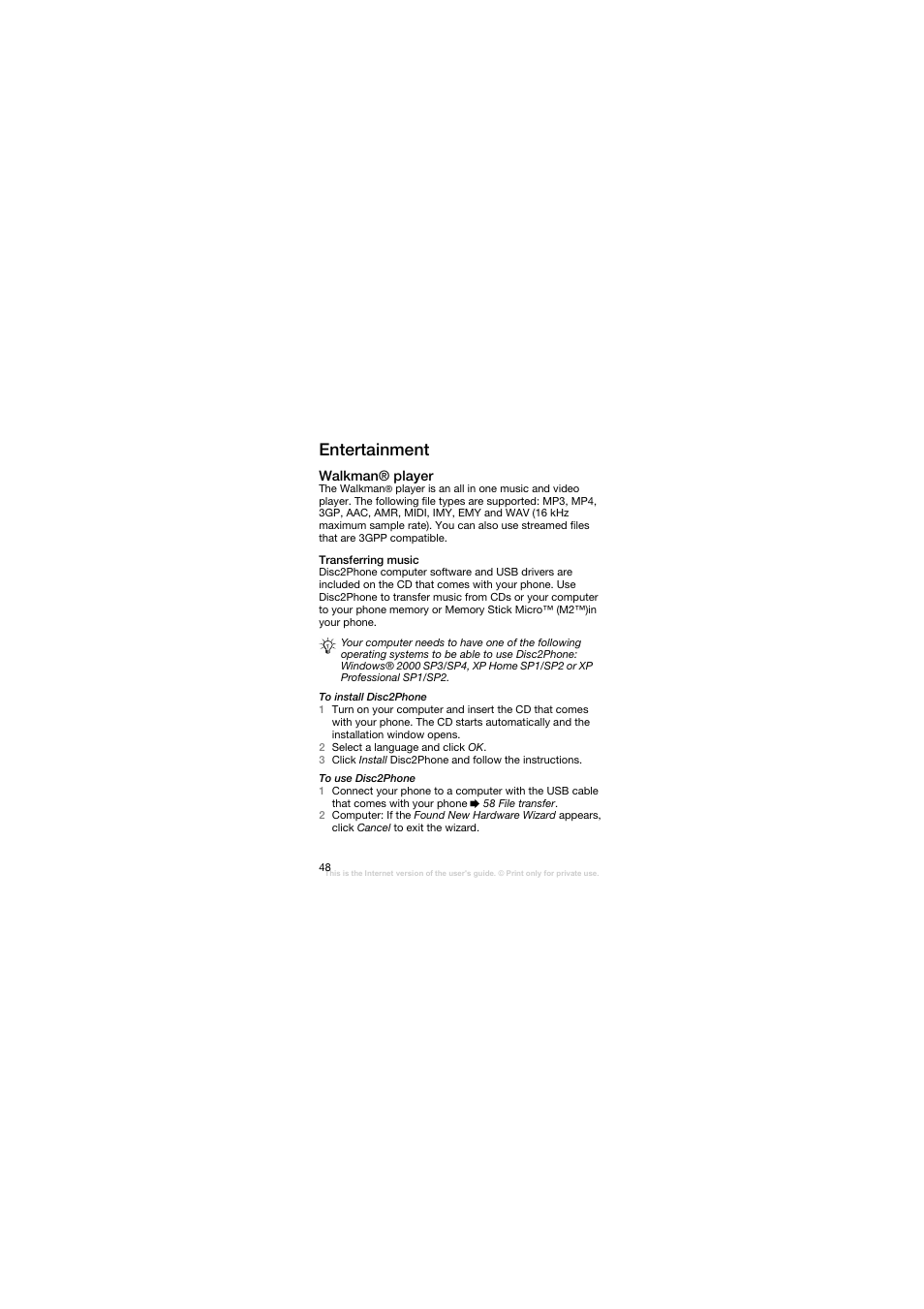 Entertainment, Walkman® player, Transferring music | Sony Ericsson W200C User Manual | Page 49 / 89