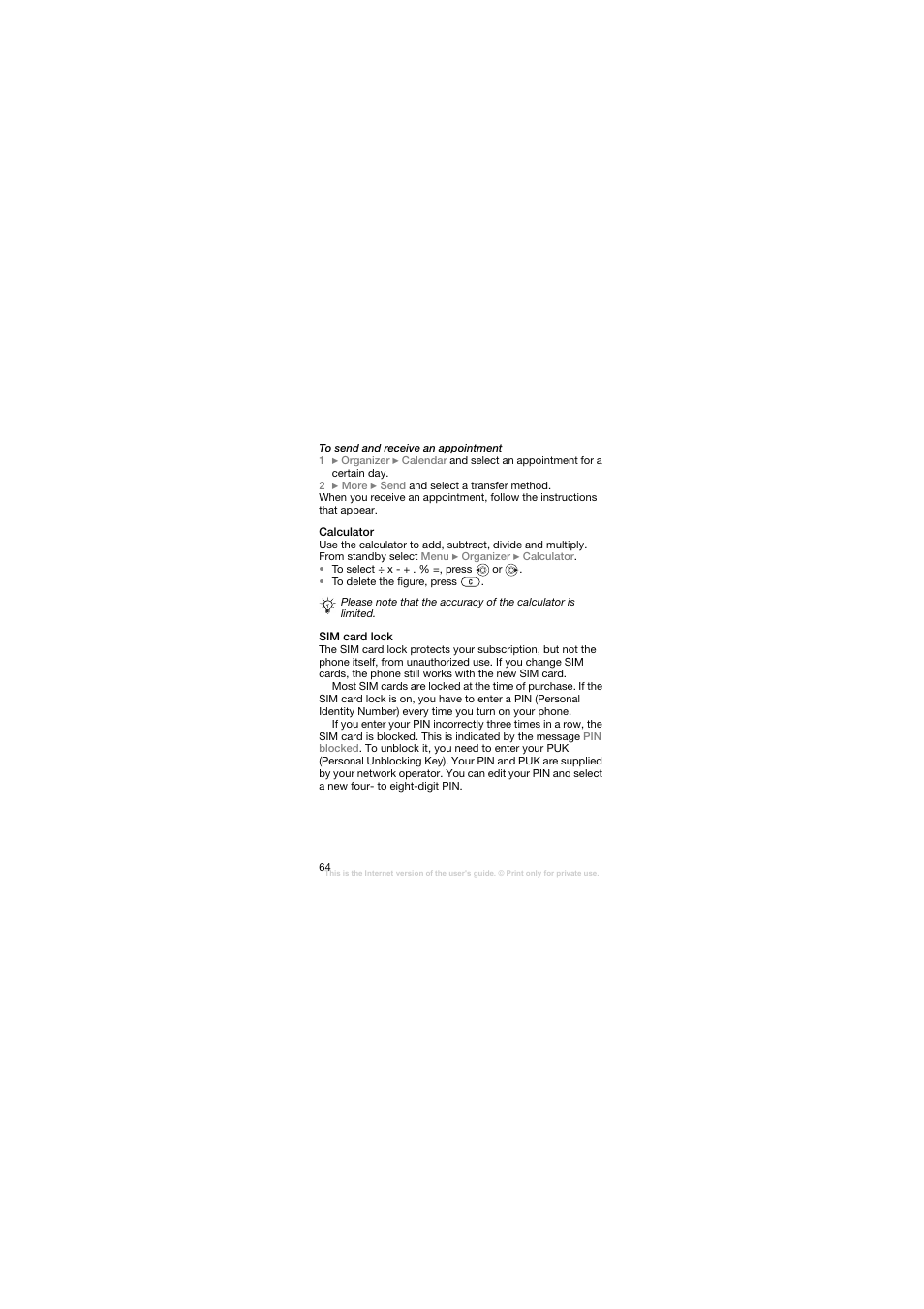 Calculator, Sim card lock | Sony Ericsson W200C User Manual | Page 65 / 89