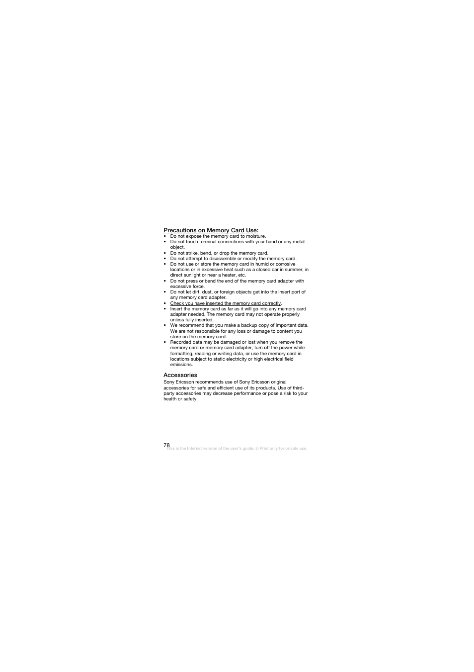 Precautions on memory card use, Accessories | Sony Ericsson W200C User Manual | Page 79 / 89