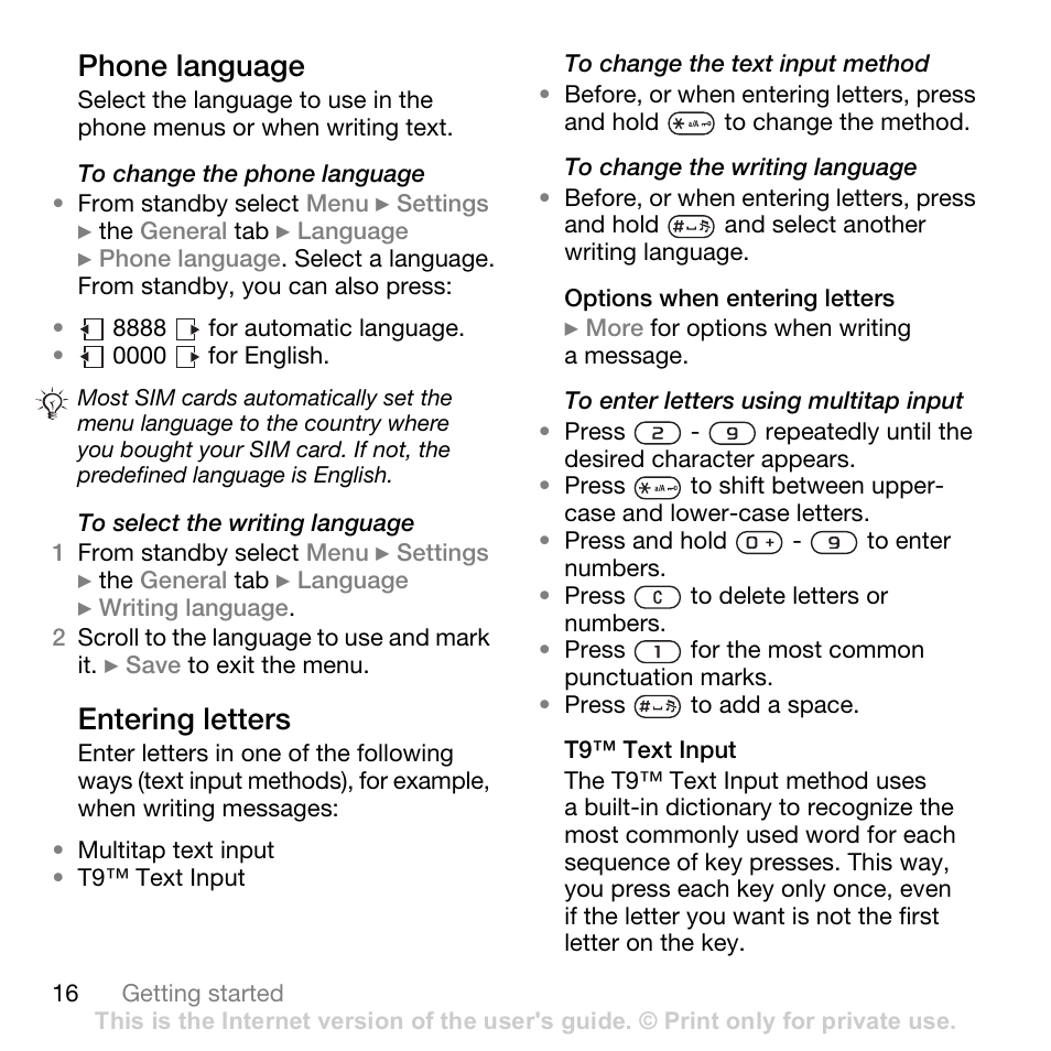 Phone language, Entering letters | Sony Ericsson K530i User Manual | Page 16 / 101