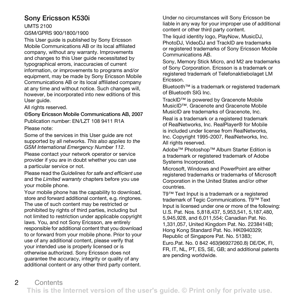 2contents sony ericsson k530i | Sony Ericsson K530i User Manual | Page 2 / 101