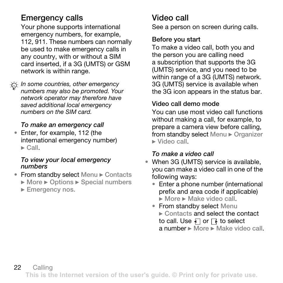 22 video call, Emergency calls, Video call | Sony Ericsson K530i User Manual | Page 22 / 101