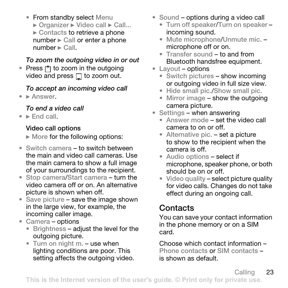 23 contacts, Contacts | Sony Ericsson K530i User Manual | Page 23 / 101