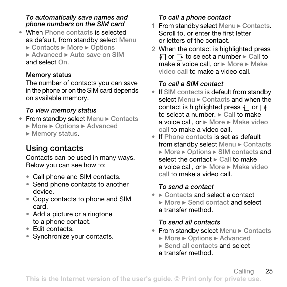 Using contacts | Sony Ericsson K530i User Manual | Page 25 / 101