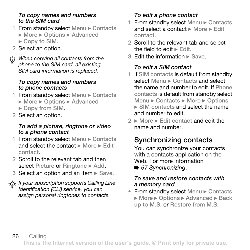 Synchronizing contacts | Sony Ericsson K530i User Manual | Page 26 / 101