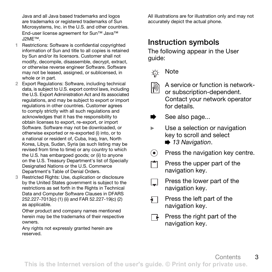 Instruction symbols | Sony Ericsson K530i User Manual | Page 3 / 101