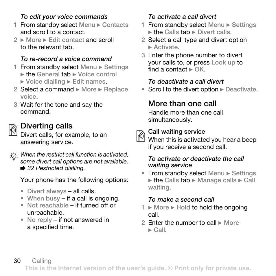 Diverting calls, More than one call | Sony Ericsson K530i User Manual | Page 30 / 101