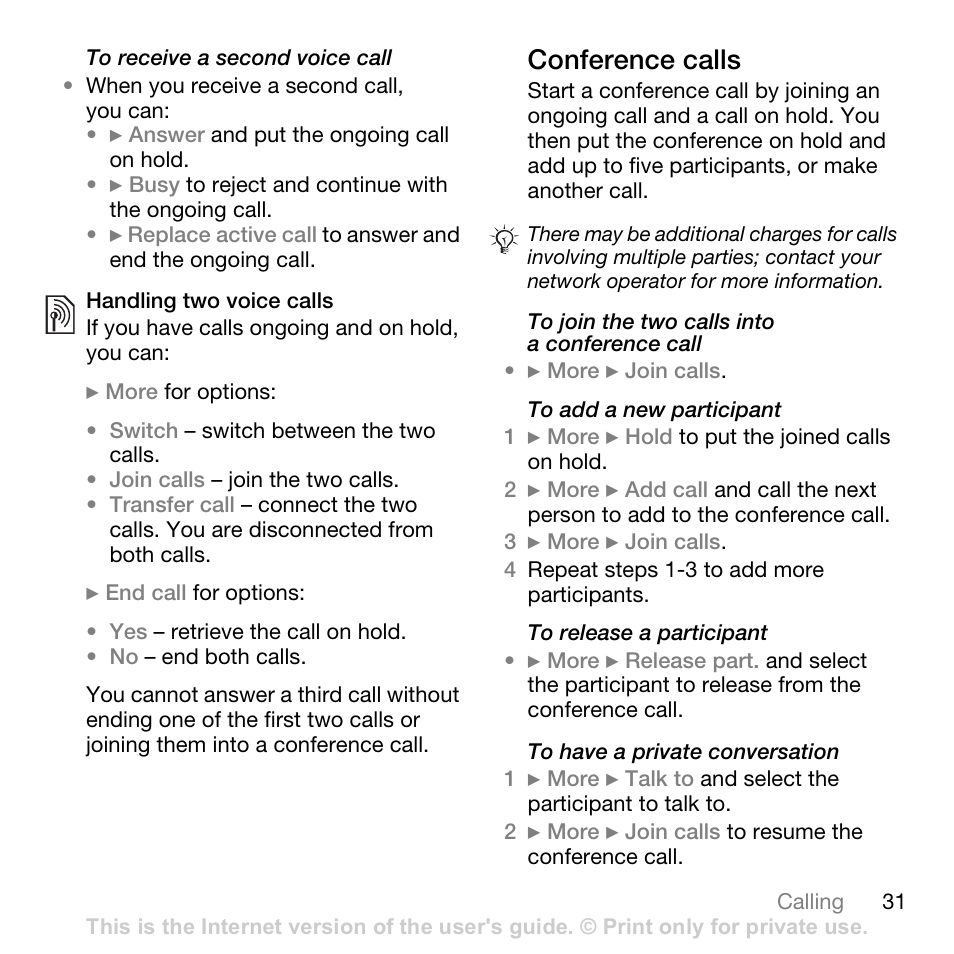 Conference calls | Sony Ericsson K530i User Manual | Page 31 / 101