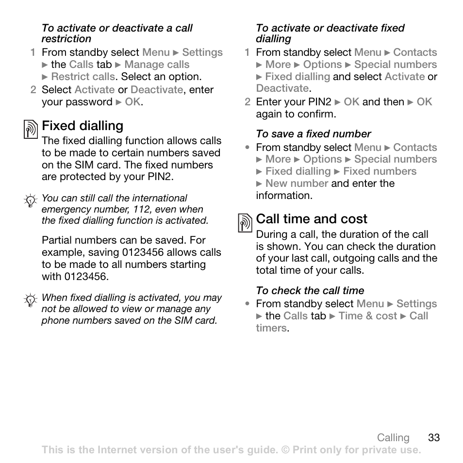 Fixed dialling, Call time and cost | Sony Ericsson K530i User Manual | Page 33 / 101