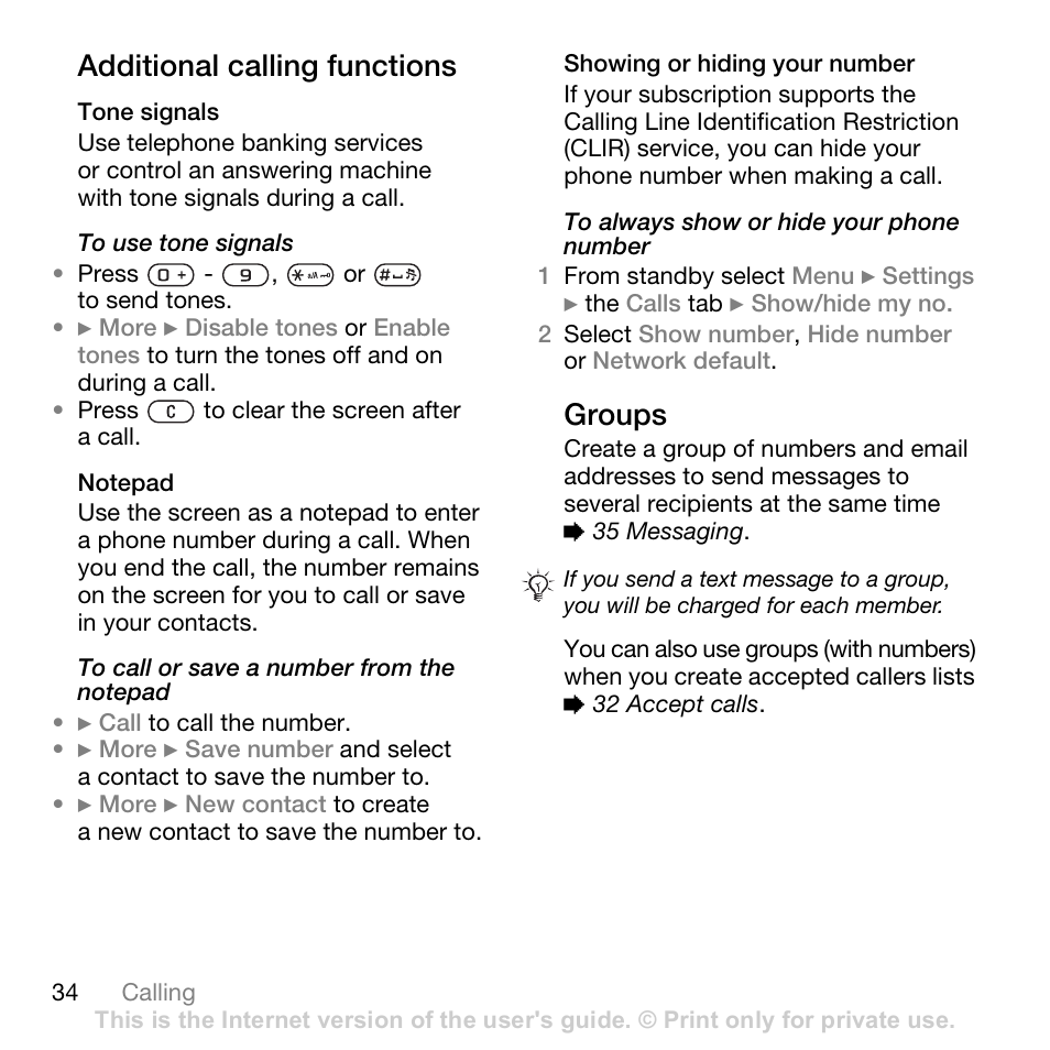 Additional calling functions, Groups | Sony Ericsson K530i User Manual | Page 34 / 101