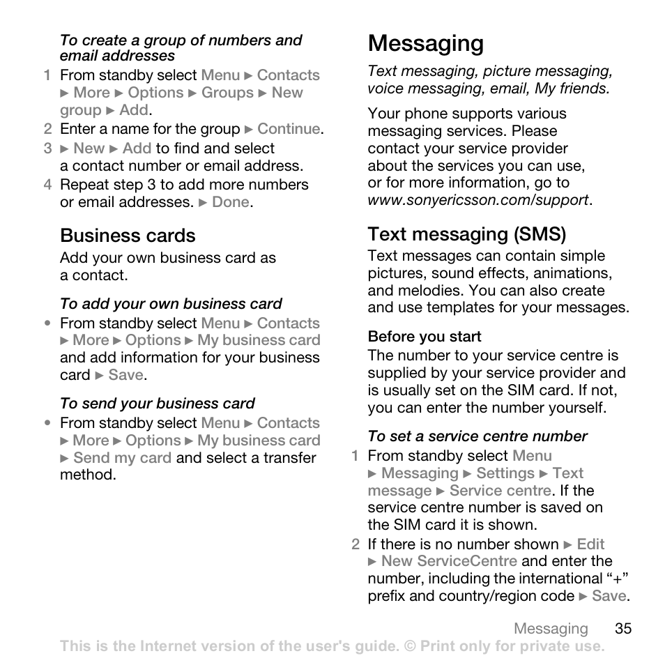 Messaging, Business cards, Text messaging (sms) | Sony Ericsson K530i User Manual | Page 35 / 101