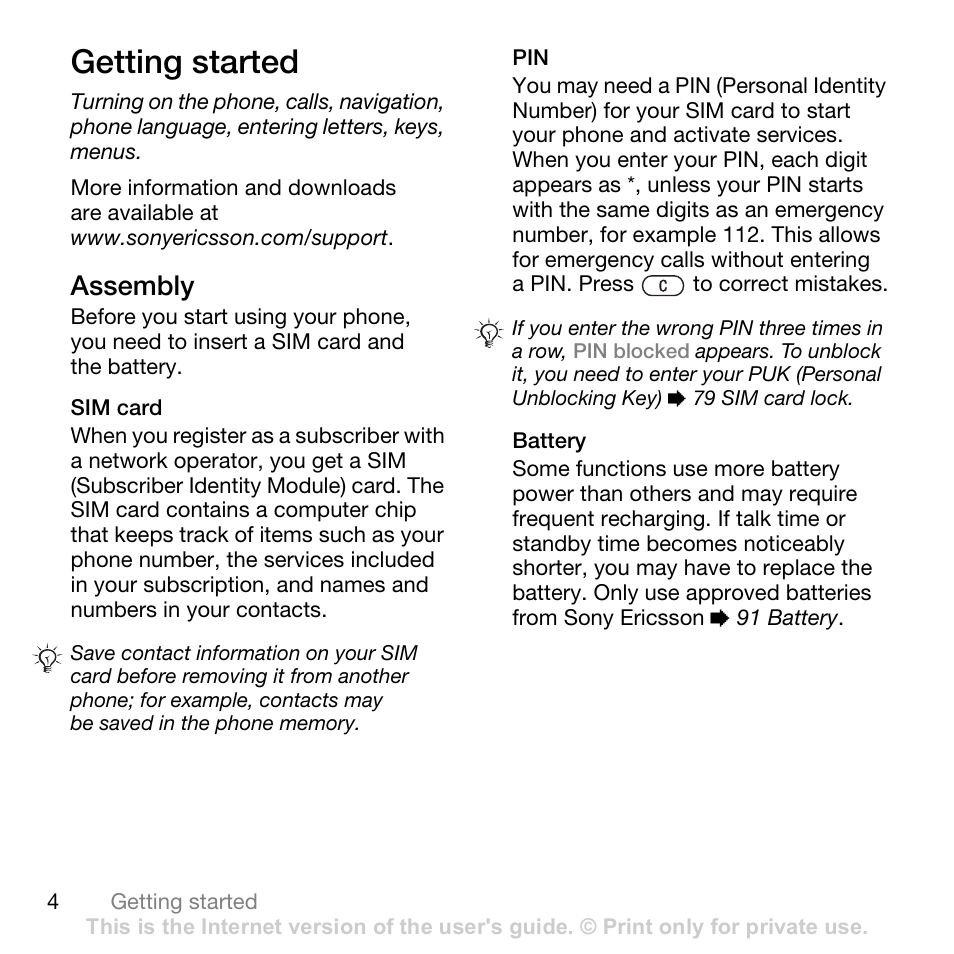 Getting started, Assembly | Sony Ericsson K530i User Manual | Page 4 / 101