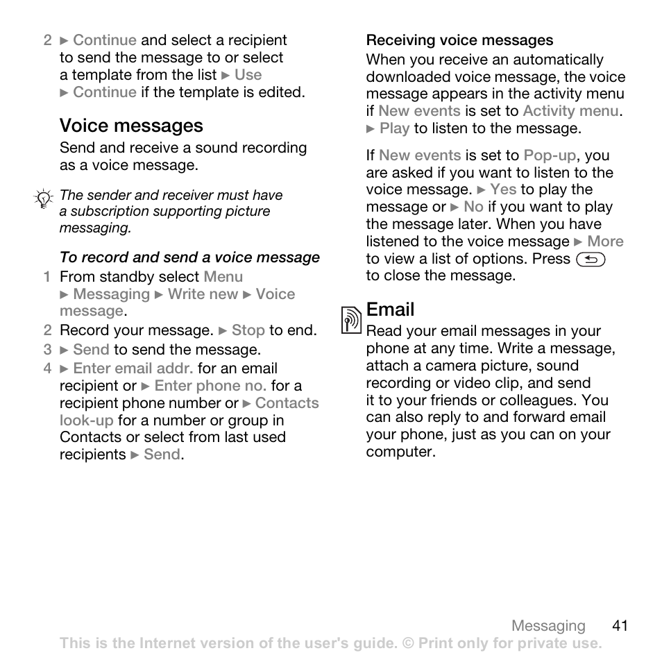 Voice messages, Email | Sony Ericsson K530i User Manual | Page 41 / 101