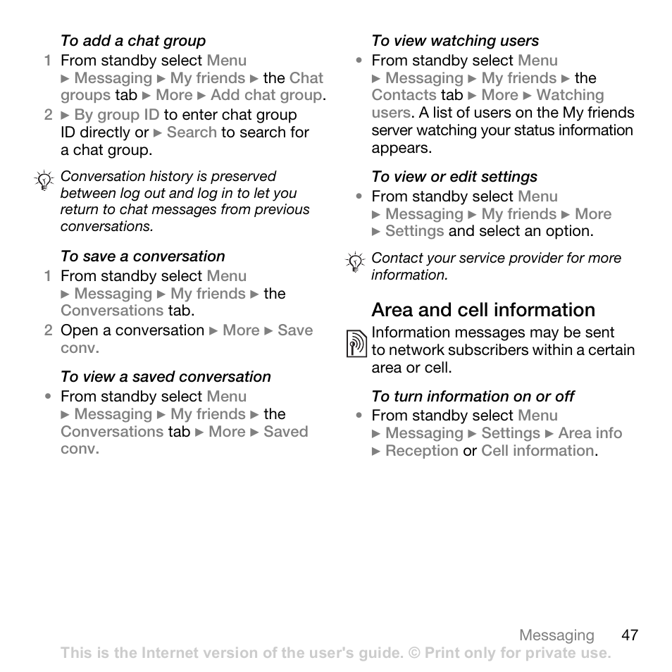 Area and cell information | Sony Ericsson K530i User Manual | Page 47 / 101