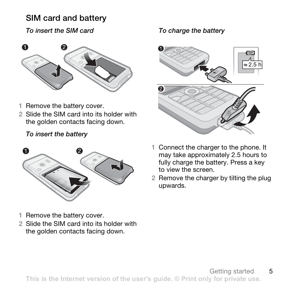 Sim card and battery | Sony Ericsson K530i User Manual | Page 5 / 101