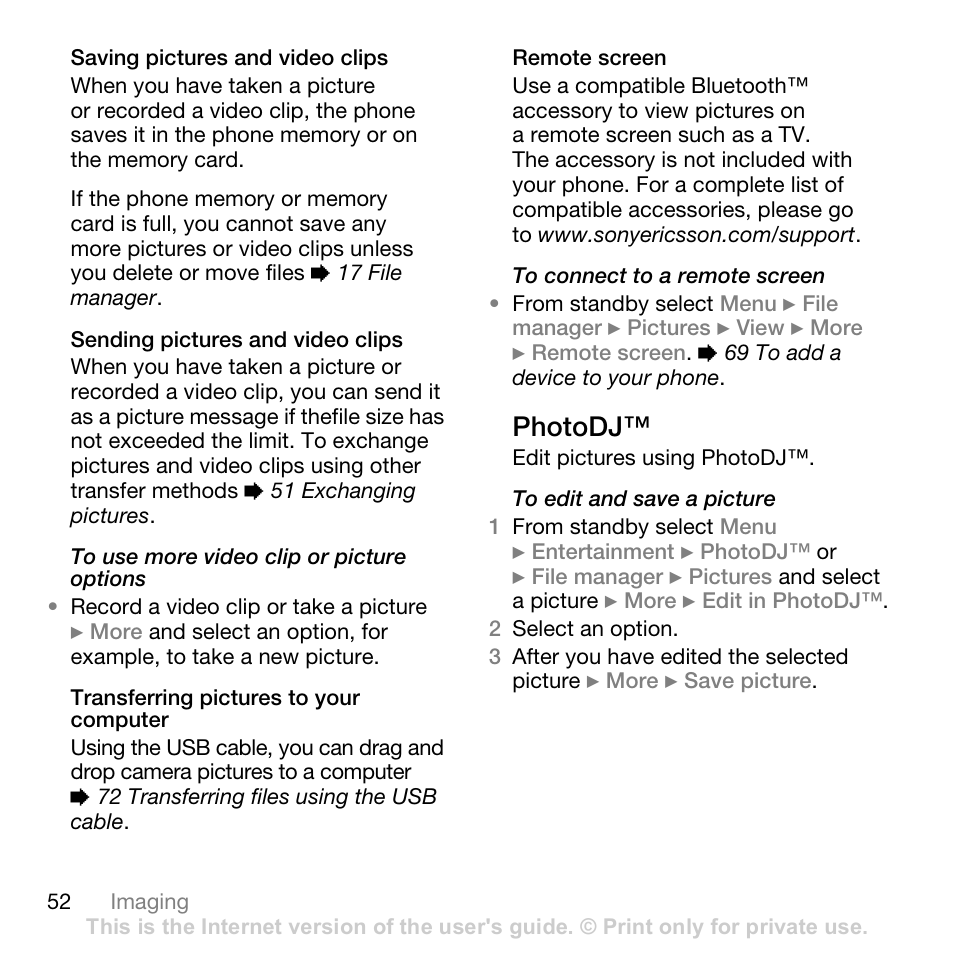 52 photodj, Photodj | Sony Ericsson K530i User Manual | Page 52 / 101