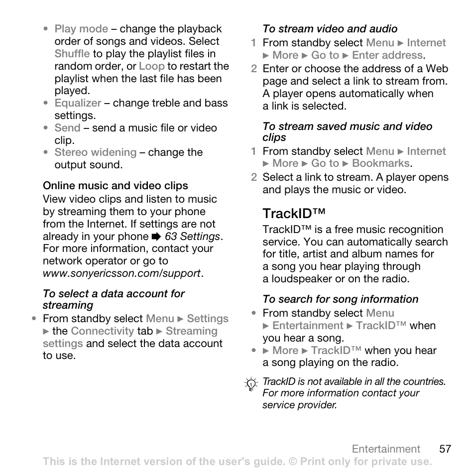 Trackid | Sony Ericsson K530i User Manual | Page 57 / 101