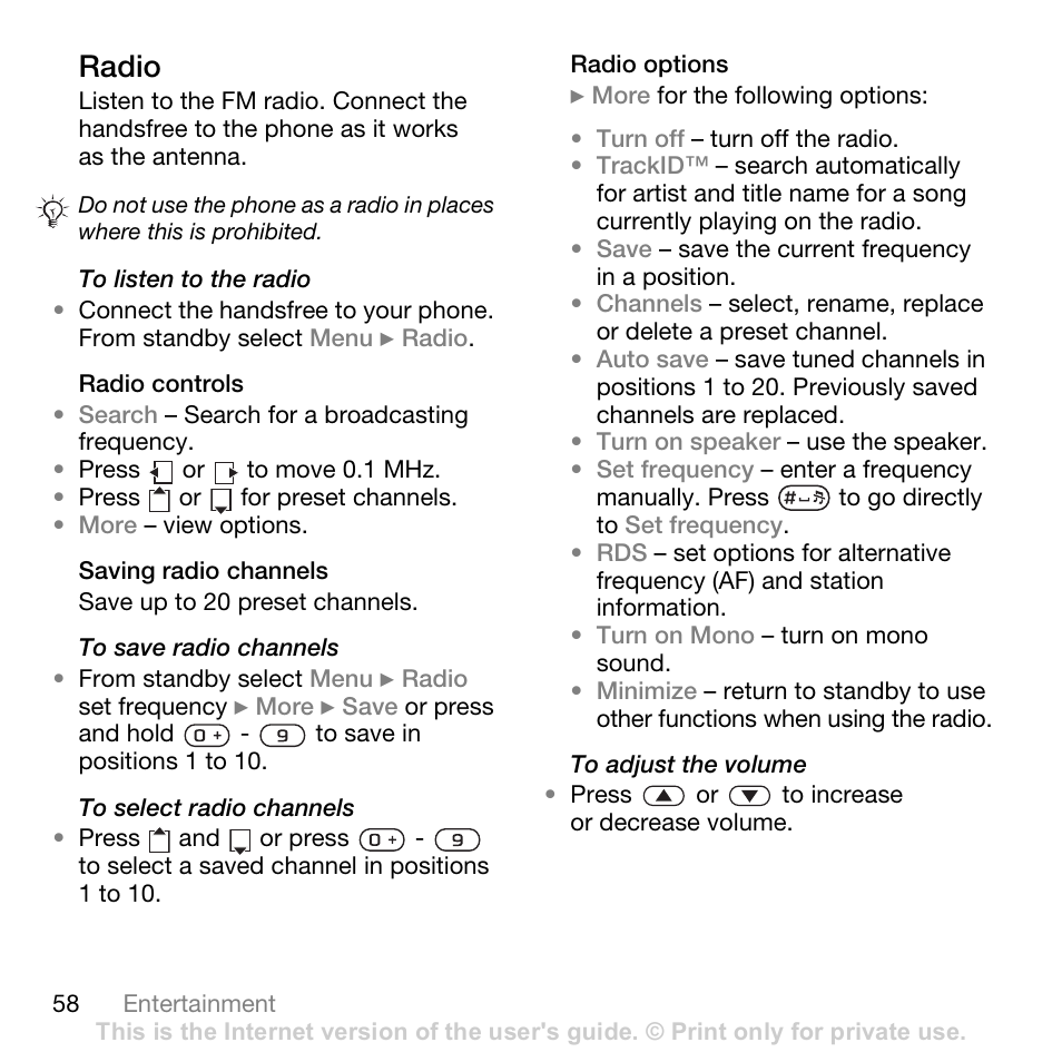 Radio | Sony Ericsson K530i User Manual | Page 58 / 101