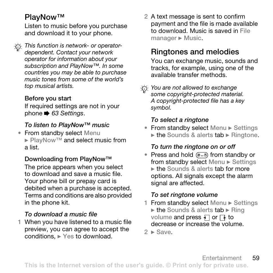 Playnow, Ringtones and melodies | Sony Ericsson K530i User Manual | Page 59 / 101