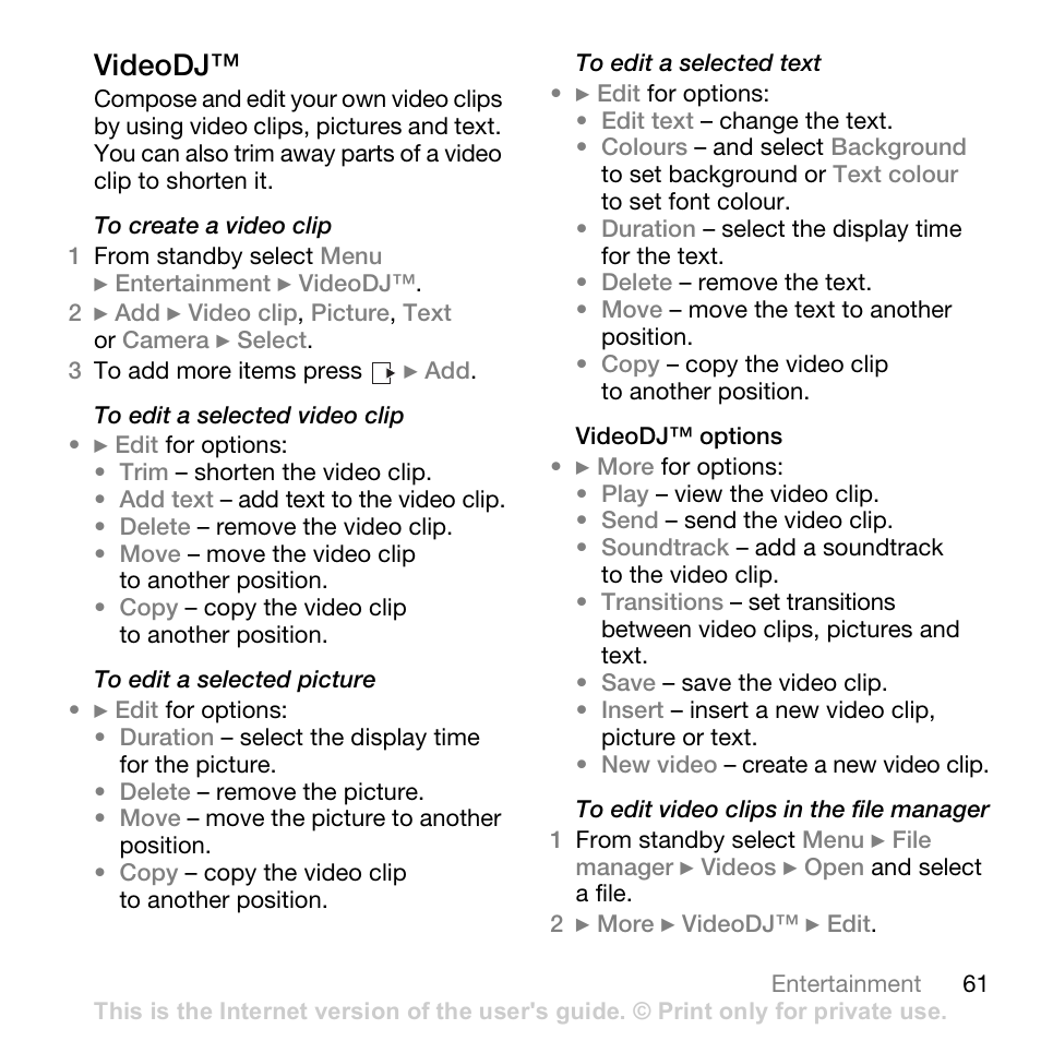 Videodj | Sony Ericsson K530i User Manual | Page 61 / 101