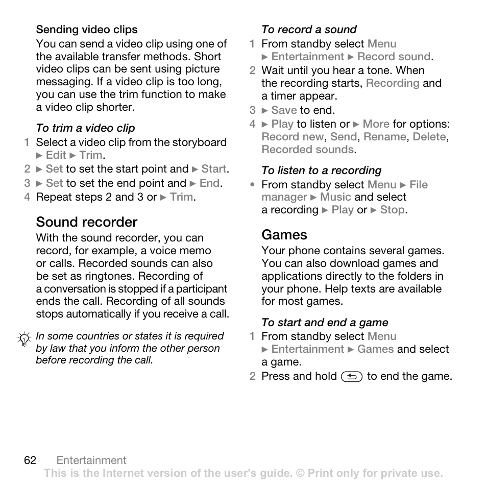 Sound recorder, Games | Sony Ericsson K530i User Manual | Page 62 / 101