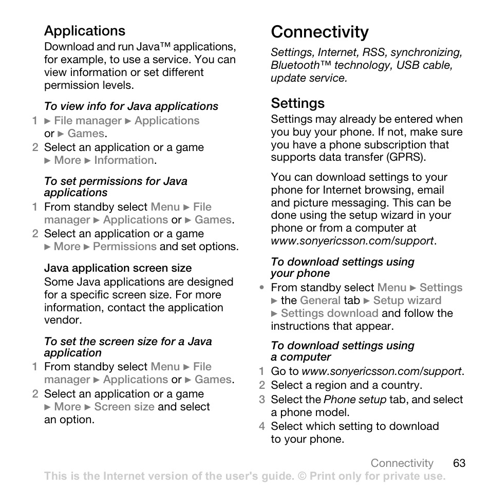 Connectivity, Applications, Settings | Sony Ericsson K530i User Manual | Page 63 / 101