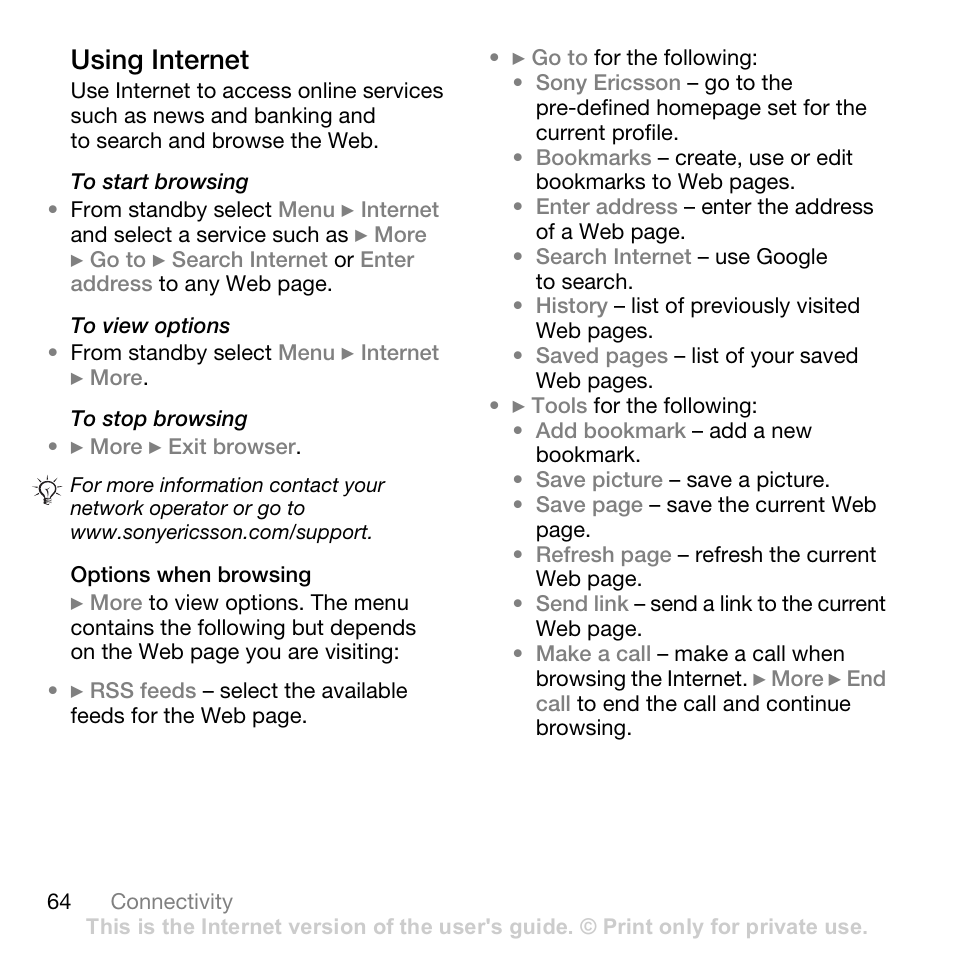 Using internet | Sony Ericsson K530i User Manual | Page 64 / 101