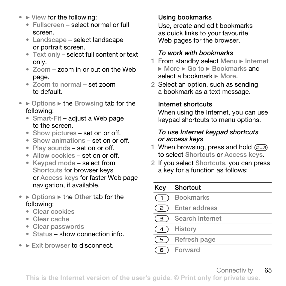 65 to use internet keypad, Shortcuts or access keys | Sony Ericsson K530i User Manual | Page 65 / 101