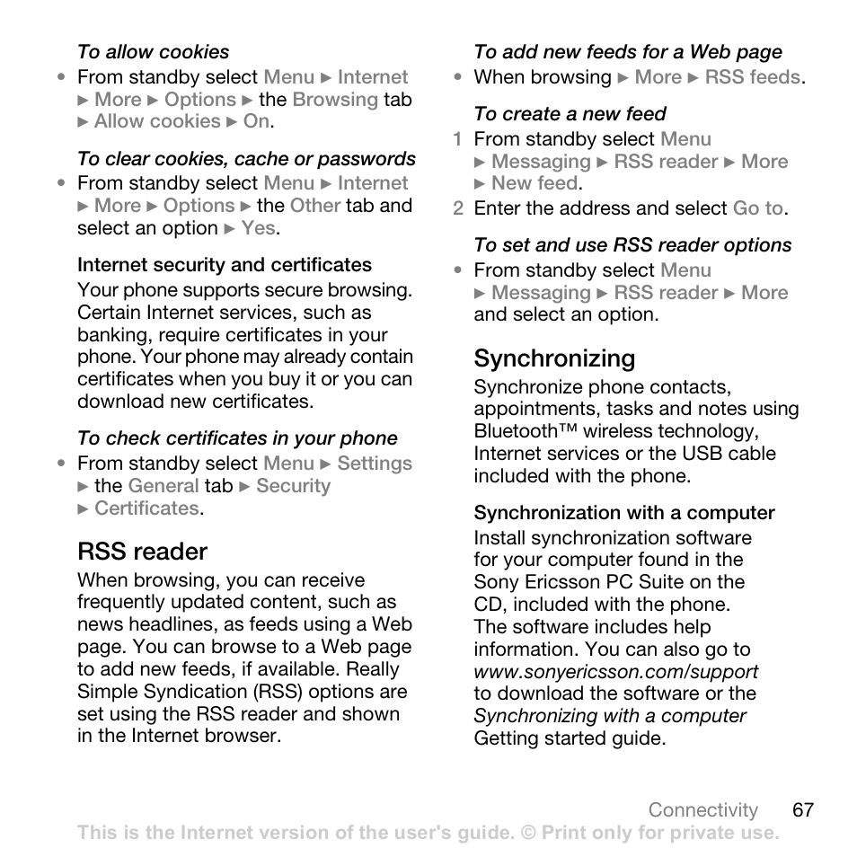 Rss reader, Synchronizing | Sony Ericsson K530i User Manual | Page 67 / 101