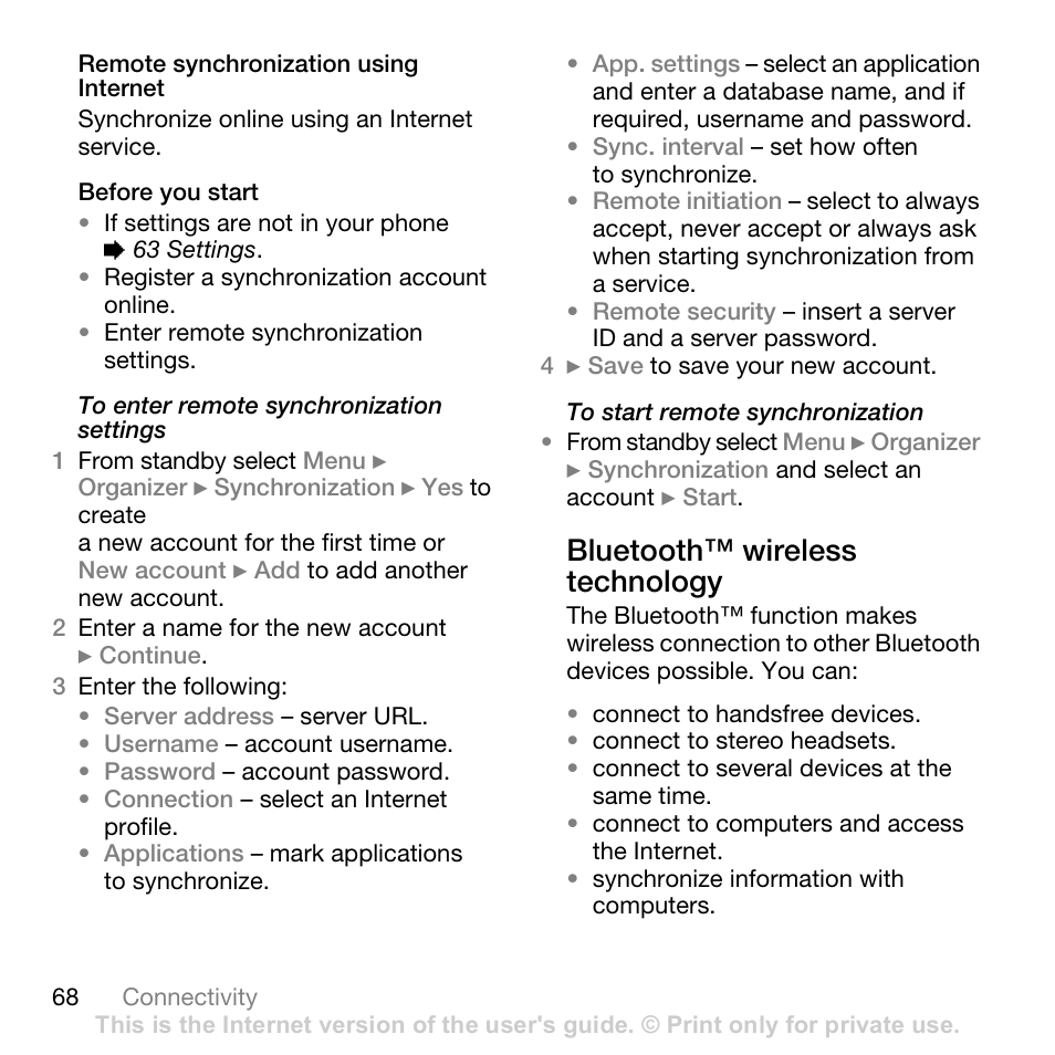 Bluetooth™ wireless technology | Sony Ericsson K530i User Manual | Page 68 / 101